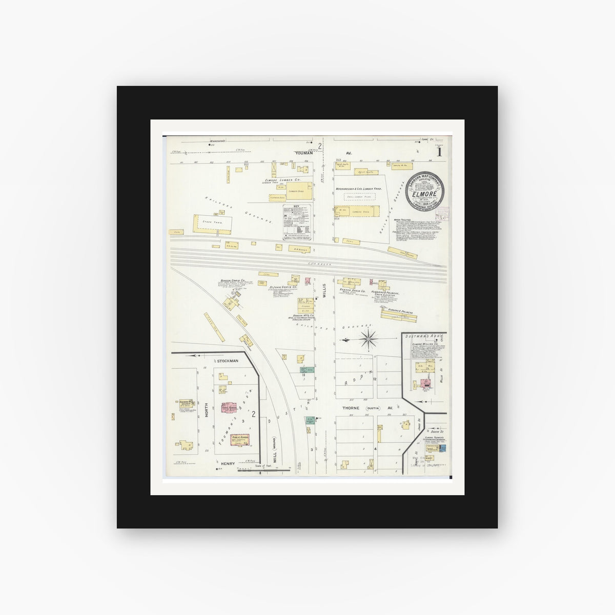 Old map wall art mockup — black gallery frame with white mat — Sanborn Fire Insurance Map from Elmore, Faribault County, Minnesota (1908) - Complete Map Set