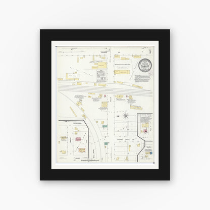 Old map wall art mockup — black gallery frame with white mat — Sanborn Fire Insurance Map from Elmore, Faribault County, Minnesota (1908) - Complete Map Set