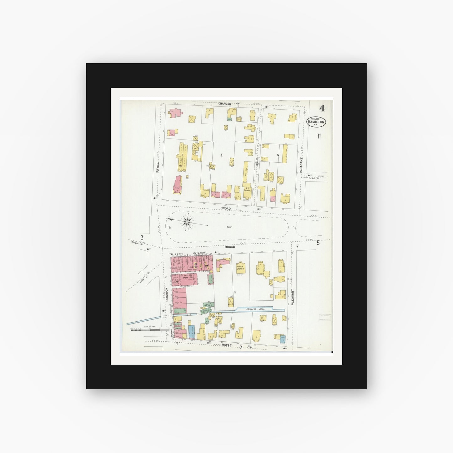 Old map wall art mockup — black gallery frame with white mat — Sanborn Fire Insurance Map from Hamlin, Monroe County, New York (1914), Sheet #0001
