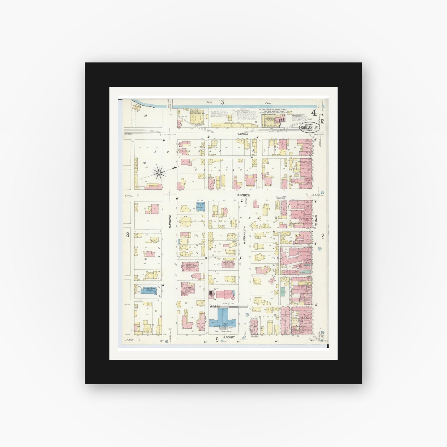 Old map wall art mockup — black gallery frame with white mat — Sanborn Fire Insurance Map from Circleville, Pickaway County, Ohio (1907), Sheet #0004