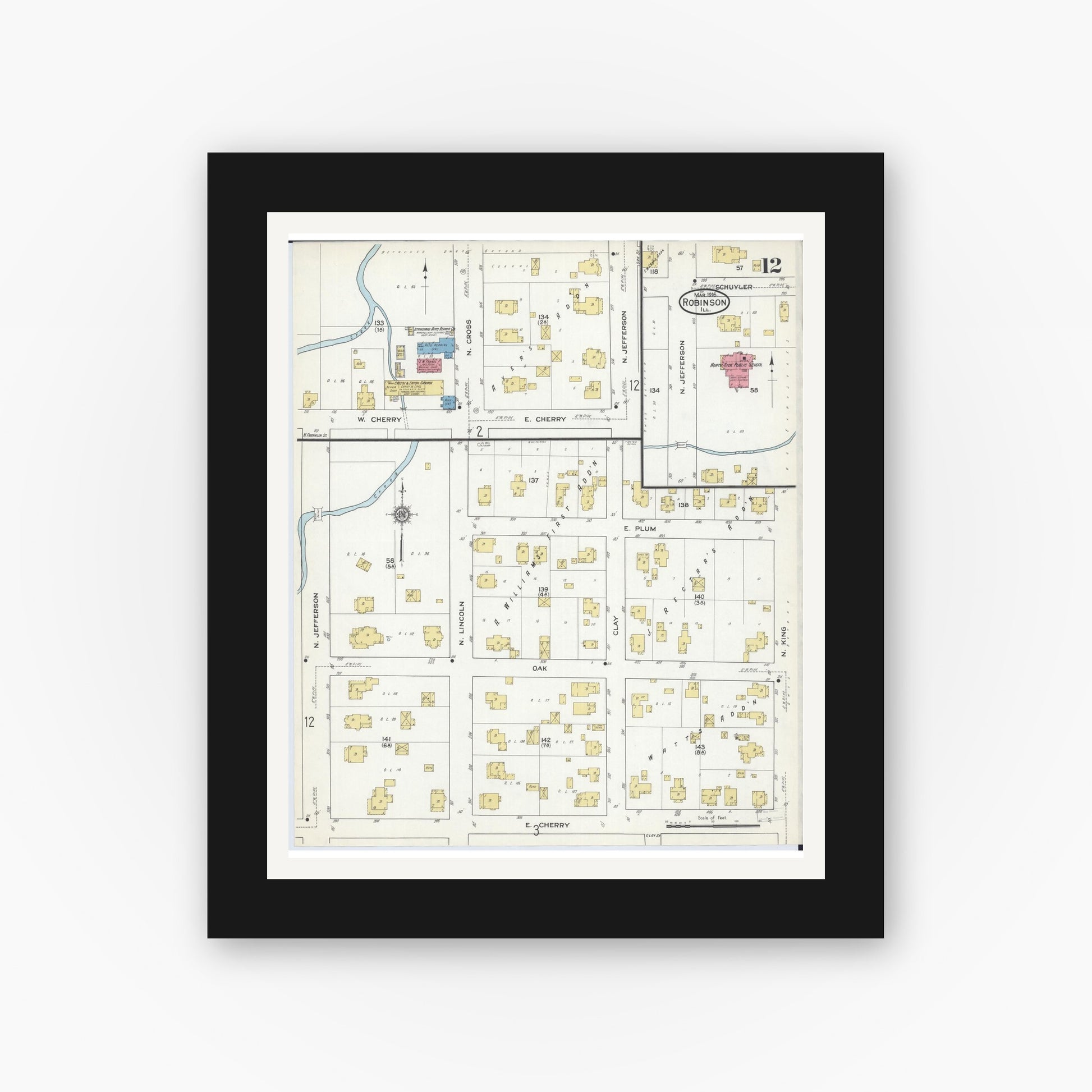 Old map wall art mockup — black gallery frame with white mat — Sanborn Fire Insurance Map from Robinson, Crawford County, Illinois (1916), Sheet #0012