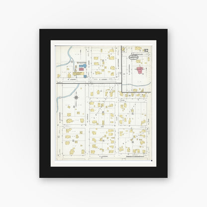 Old map wall art mockup — black gallery frame with white mat — Sanborn Fire Insurance Map from Robinson, Crawford County, Illinois (1916), Sheet #0012