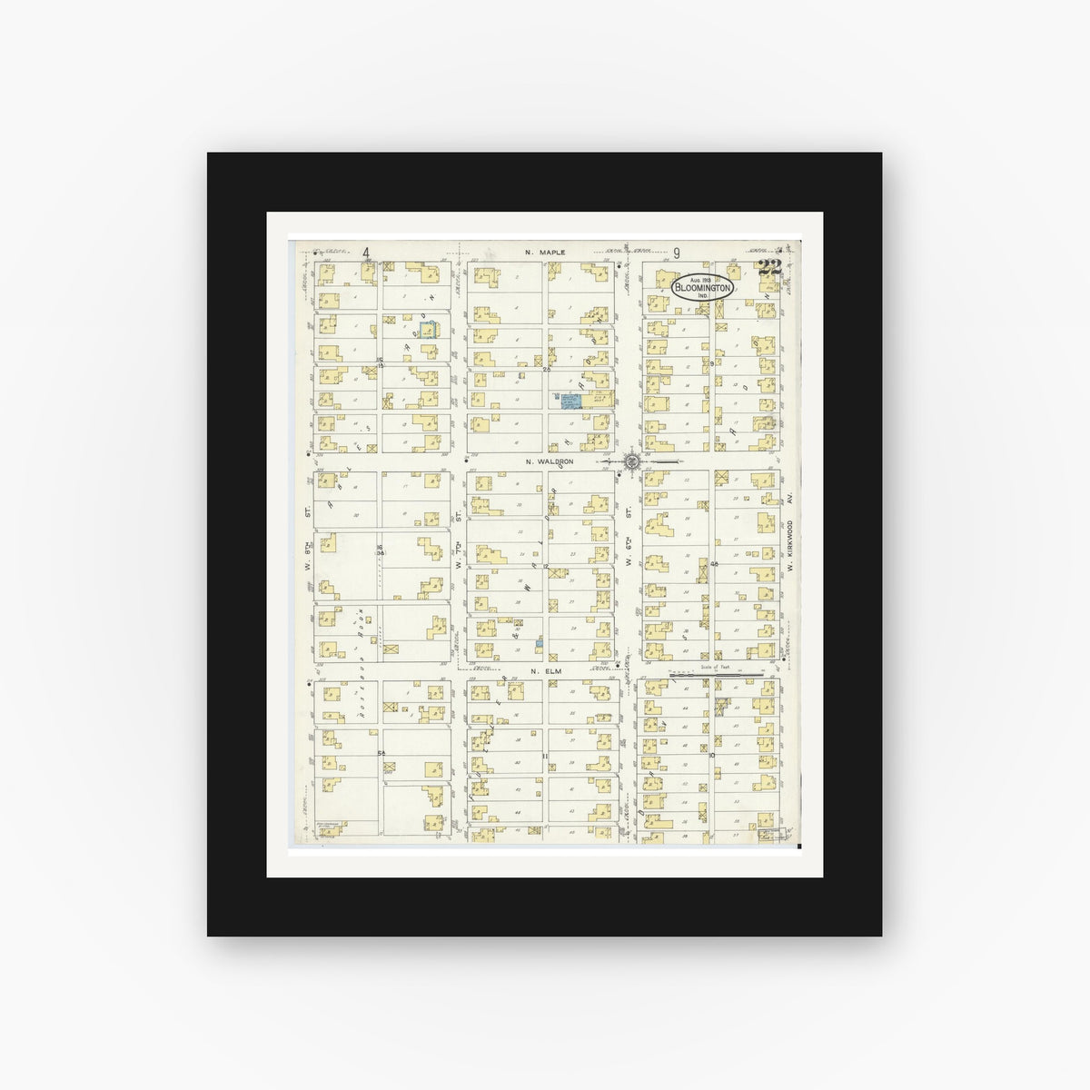 Old map wall art mockup — black gallery frame with white mat — Sanborn Fire Insurance Map from Bloomington, Monroe County, Indiana (1913), Sheet #0022