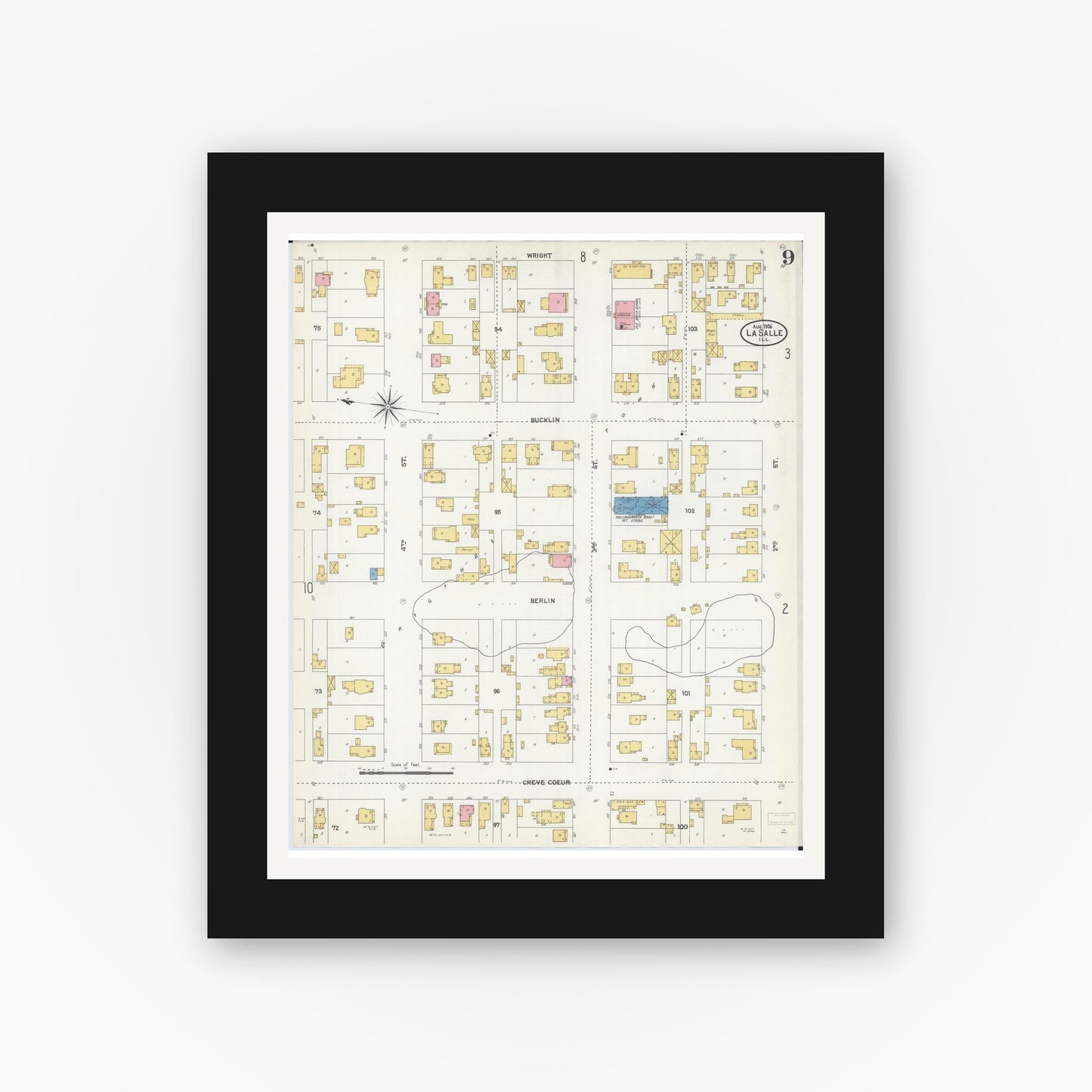 Old map wall art mockup — black gallery frame with white mat — Sanborn Fire Insurance Map from La Salle, La Salle County, Illinois (1906), Sheet #0009