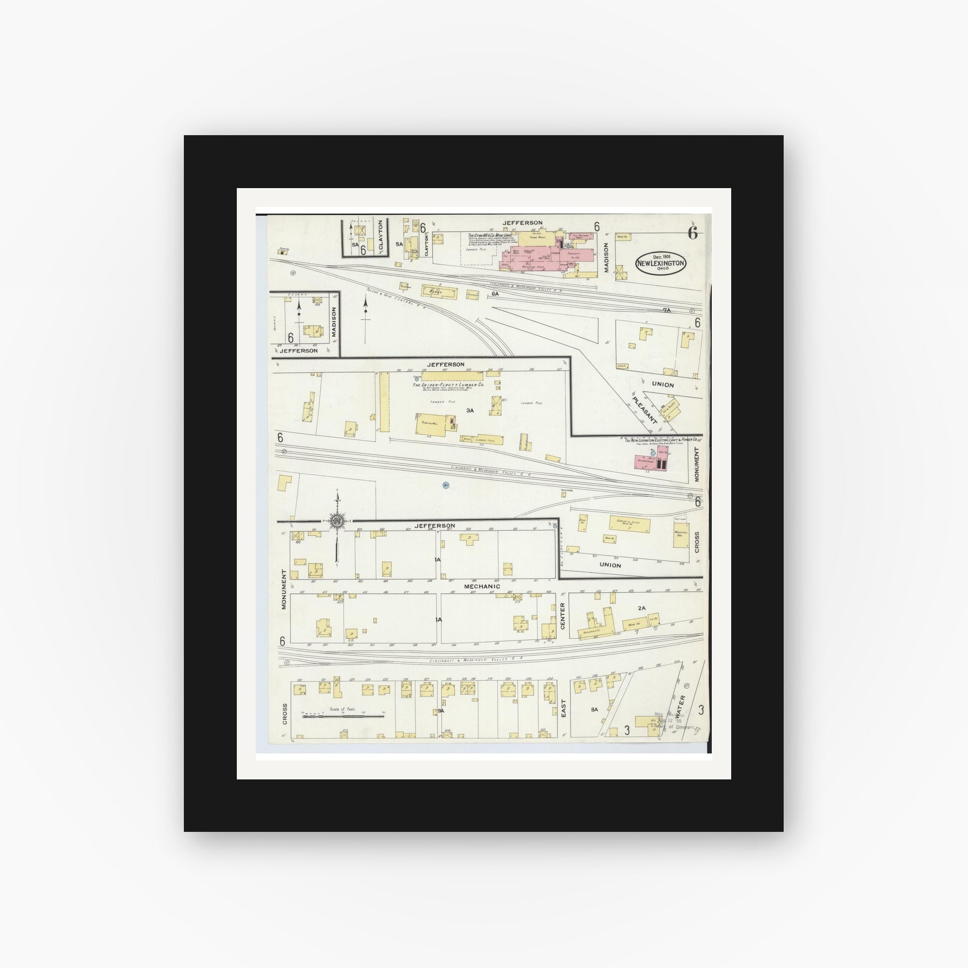 Old map wall art mockup — black gallery frame with white mat — Sanborn Fire Insurance Map from New Lexington, Perry County, Ohio (1909), Sheet #0006