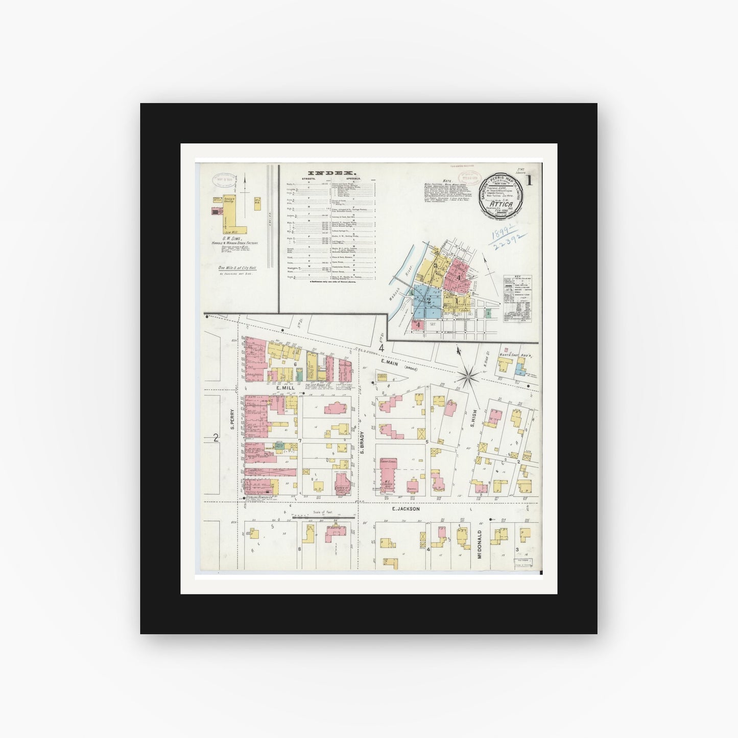 Old map wall art mockup — black gallery frame with white mat — Sanborn Fire Insurance Map from Attica, Fountain County, Indiana (1899), Sheet #0001