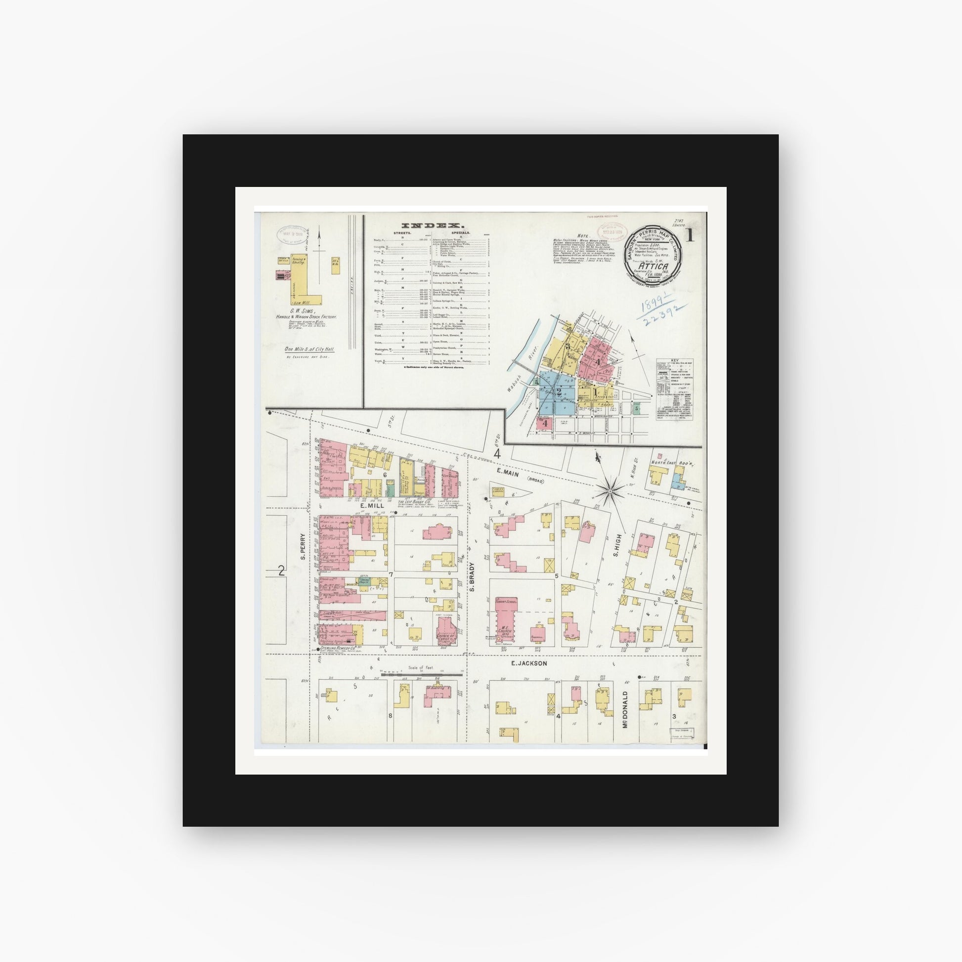 Old map wall art mockup — black gallery frame with white mat — Sanborn Fire Insurance Map from Attica, Fountain County, Indiana (1899), Sheet #0001