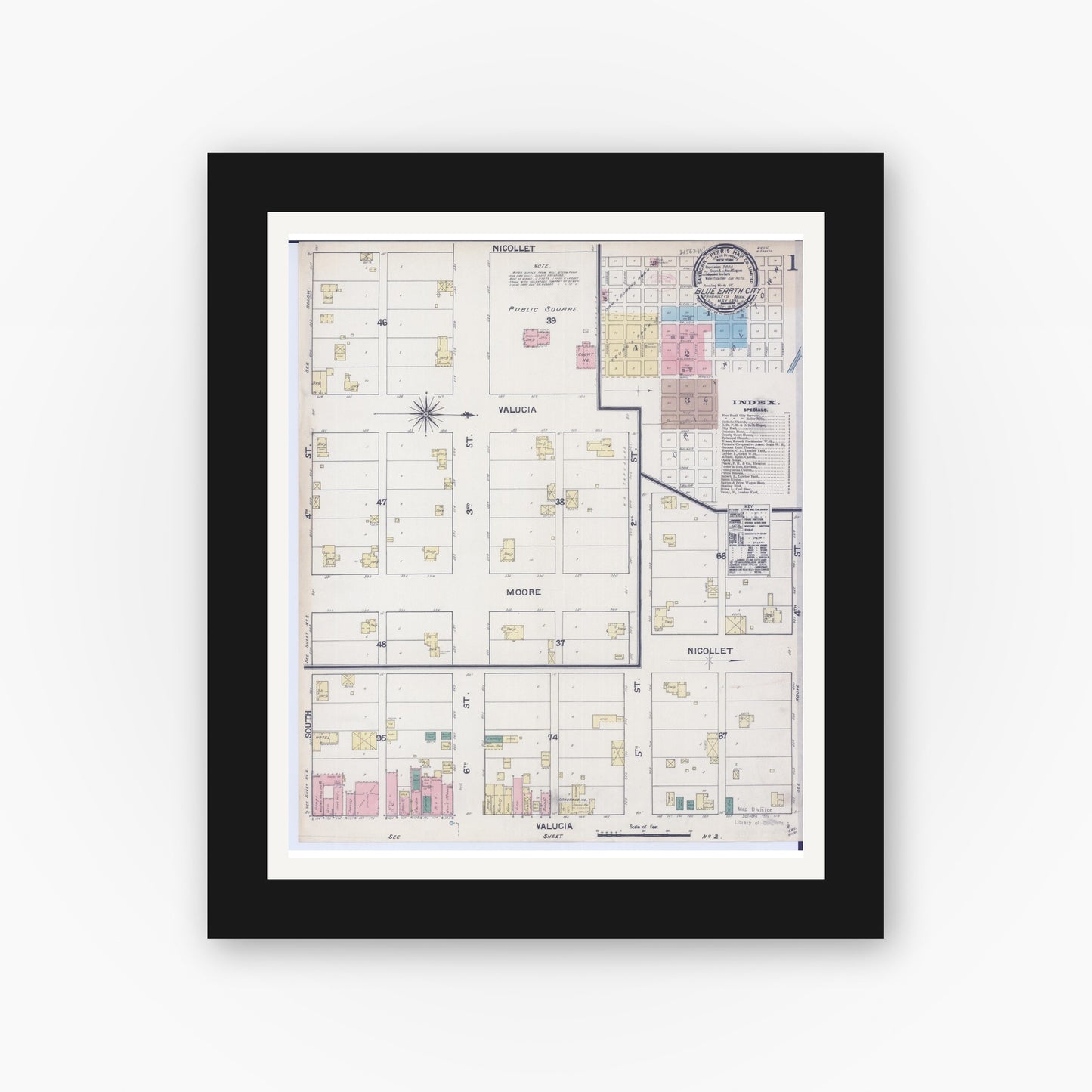 Old map wall art mockup — black gallery frame with white mat — Sanborn Fire Insurance Map from Blue Earth, Faribault County, Minnesota (1891) - Complete Map Set