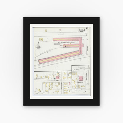 Old map wall art mockup — black gallery frame with white mat — Sanborn Fire Insurance Map from Jackson, Jackson County, Michigan (1893), Sheet #0021