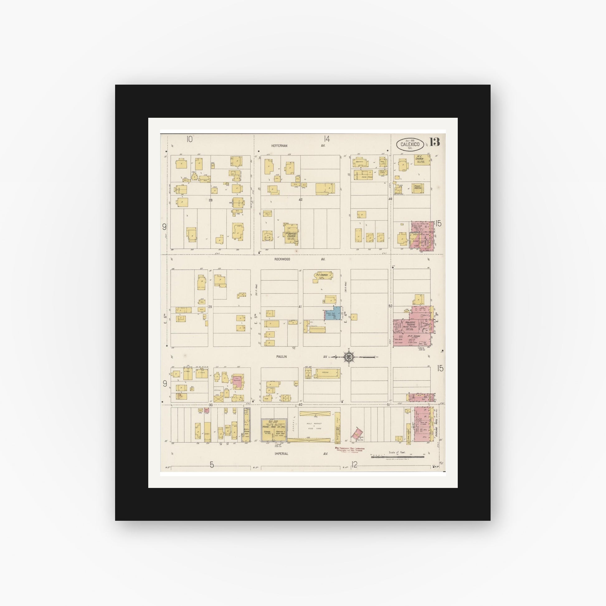 Old map wall art mockup — black gallery frame with white mat — Sanborn Fire Insurance Map from Calexico, Imperial County, California (1920), Sheet #0013