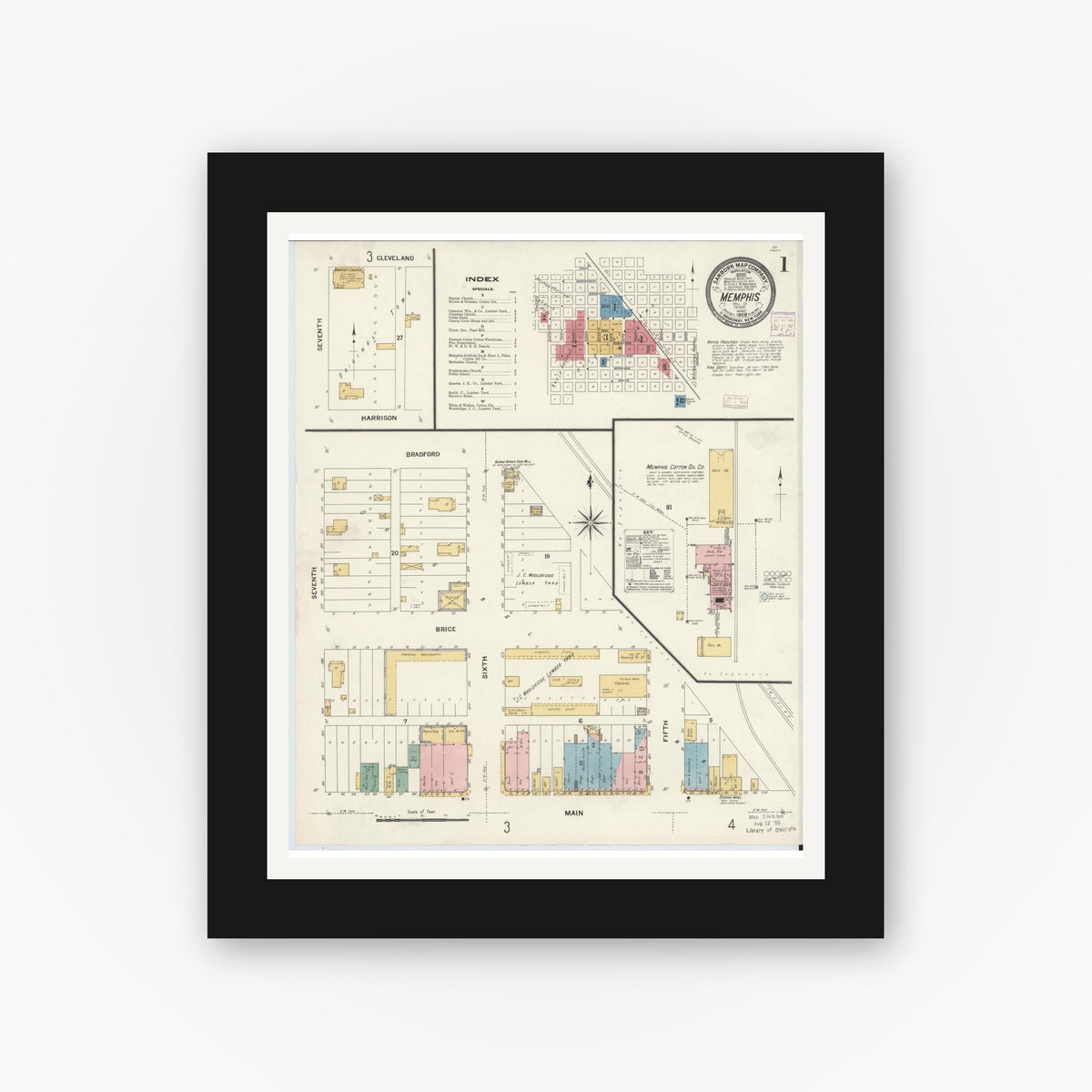 Old map wall art mockup — black gallery frame with white mat — Sanborn Fire Insurance Map from Memphis, Hall County, Texas (1908) - Complete Map Set