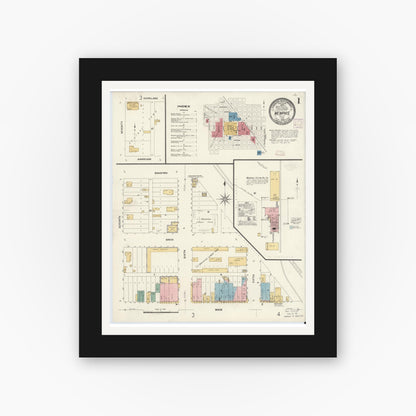 Old map wall art mockup — black gallery frame with white mat — Sanborn Fire Insurance Map from Memphis, Hall County, Texas (1908) - Complete Map Set