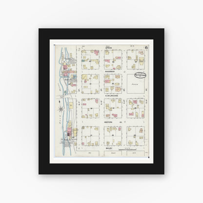 Old map wall art mockup — black gallery frame with white mat — Sanborn Fire Insurance Map from Watertown, Jefferson County, Wisconsin (1890), Sheet #0006