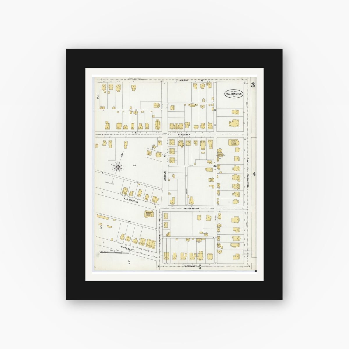 Old map wall art mockup — black gallery frame with white mat — Sanborn Fire Insurance Map from Washington, Warren County, New Jersey (1902), Sheet #0003