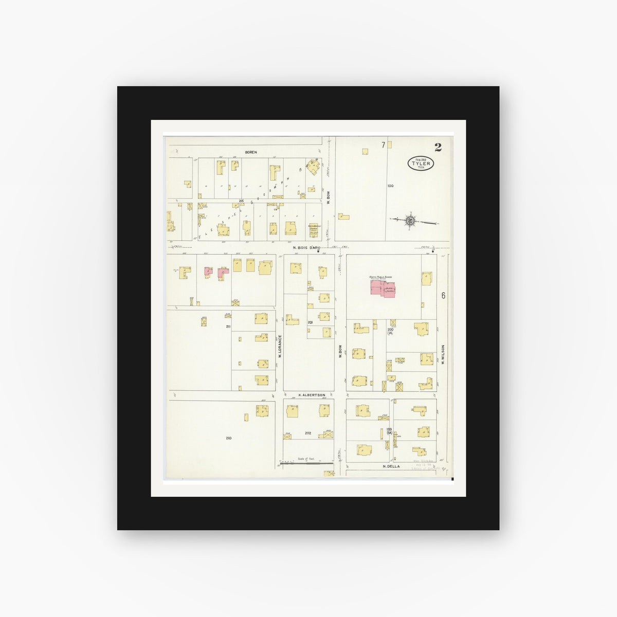 Old map wall art mockup — black gallery frame with white mat — Sanborn Fire Insurance Map from Tyler, Smith County, Texas (1912), Sheet #0002