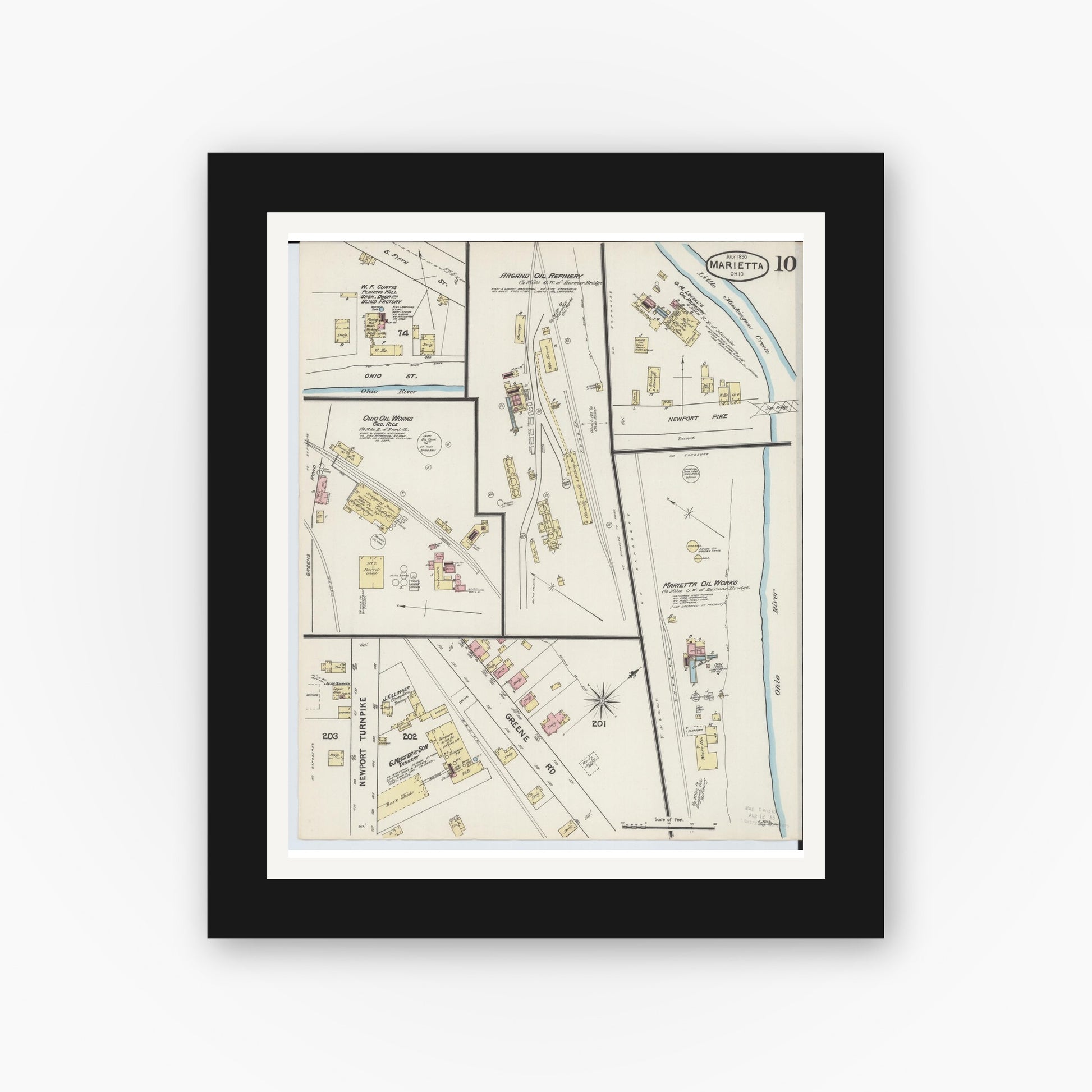 Old map wall art mockup — black gallery frame with white mat — Sanborn Fire Insurance Map from Marietta, Washington County, Ohio (1890), Sheet #0010