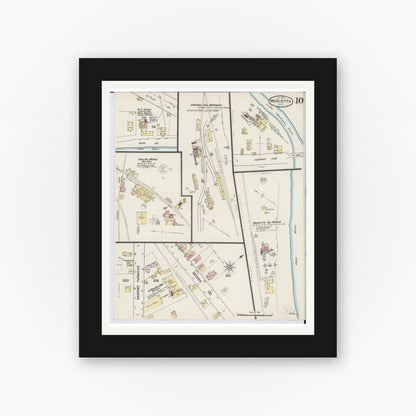 Old map wall art mockup — black gallery frame with white mat — Sanborn Fire Insurance Map from Marietta, Washington County, Ohio (1890), Sheet #0010