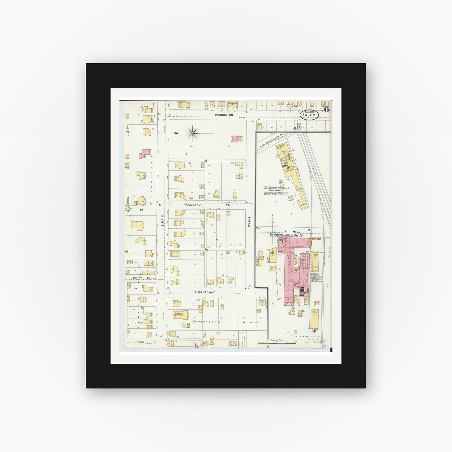 Old map wall art mockup — black gallery frame with white mat — Sanborn Fire Insurance Map from Salem, Columbiana County, Ohio (1898), Sheet #0006