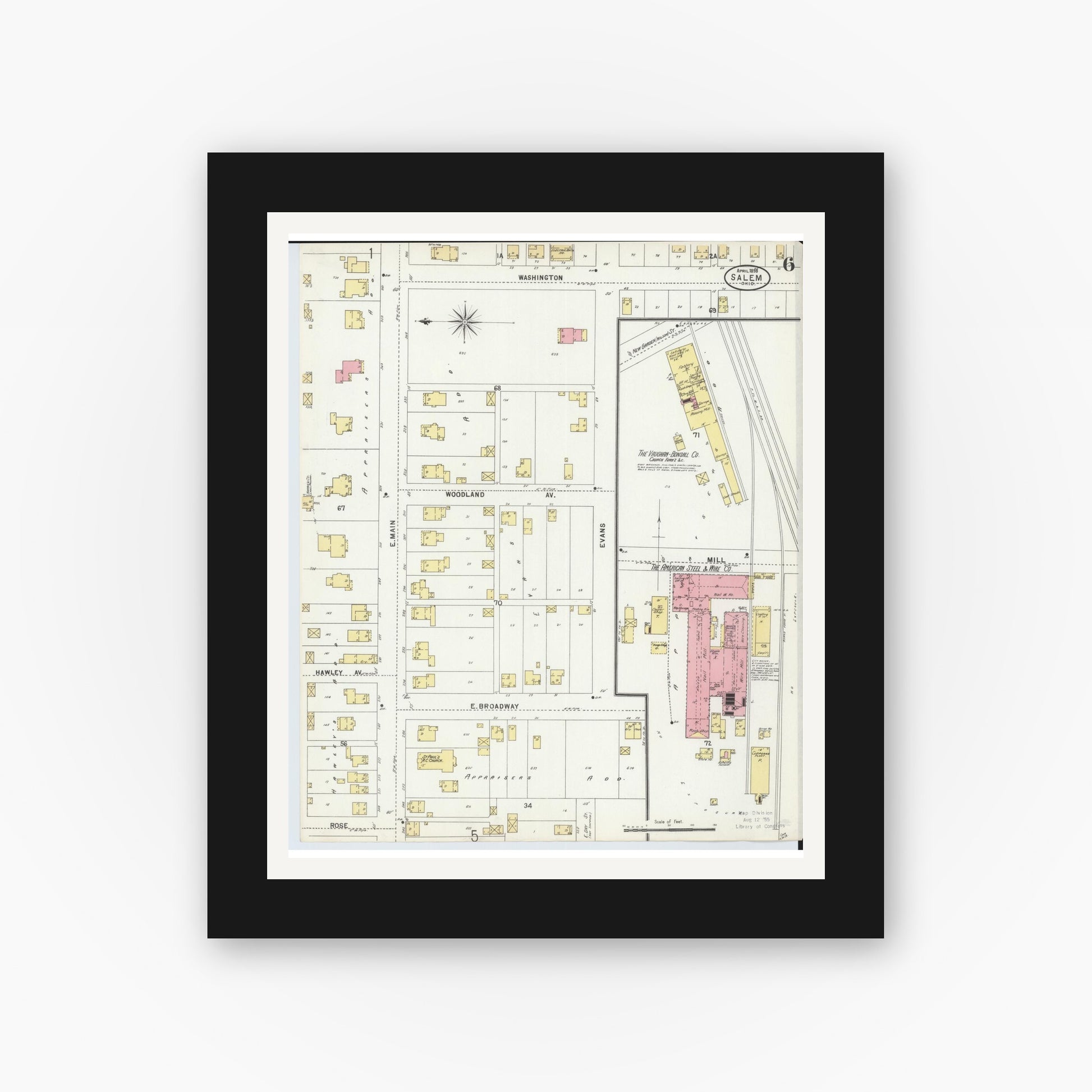 Old map wall art mockup — black gallery frame with white mat — Sanborn Fire Insurance Map from Salem, Columbiana County, Ohio (1898), Sheet #0006