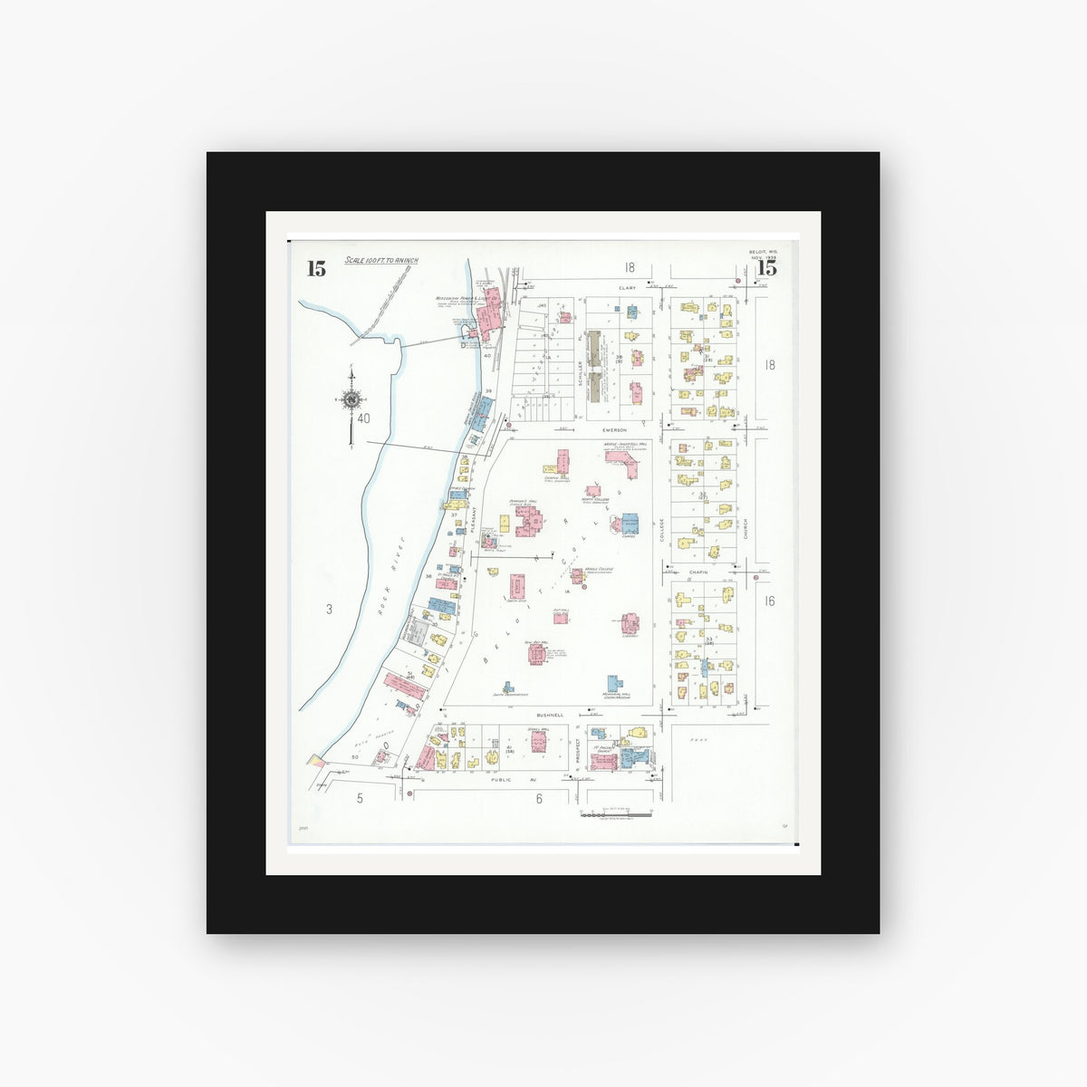Old map wall art mockup — black gallery frame with white mat — Sanborn Fire Insurance Map from Beloit, Rock County, Wisconsin (1939), Sheet #0015