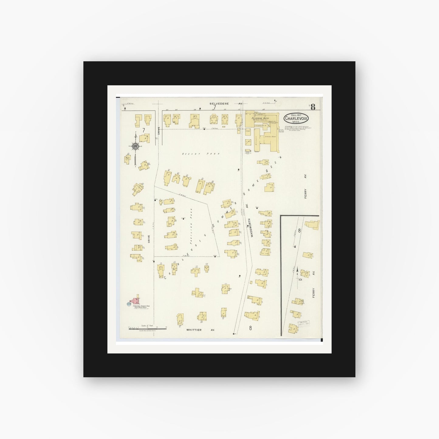 Old map wall art mockup — black gallery frame with white mat — Sanborn Fire Insurance Map from Charlevoix, Charlevoix County, Michigan (1917), Sheet #0008