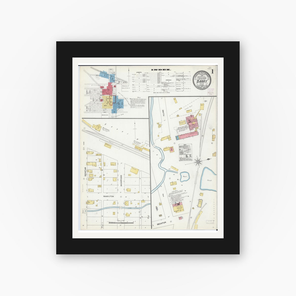 Old map wall art mockup — black gallery frame with white mat — Sanborn Fire Insurance Map from Barry, Pike County, Illinois (1905) - Complete Map Set