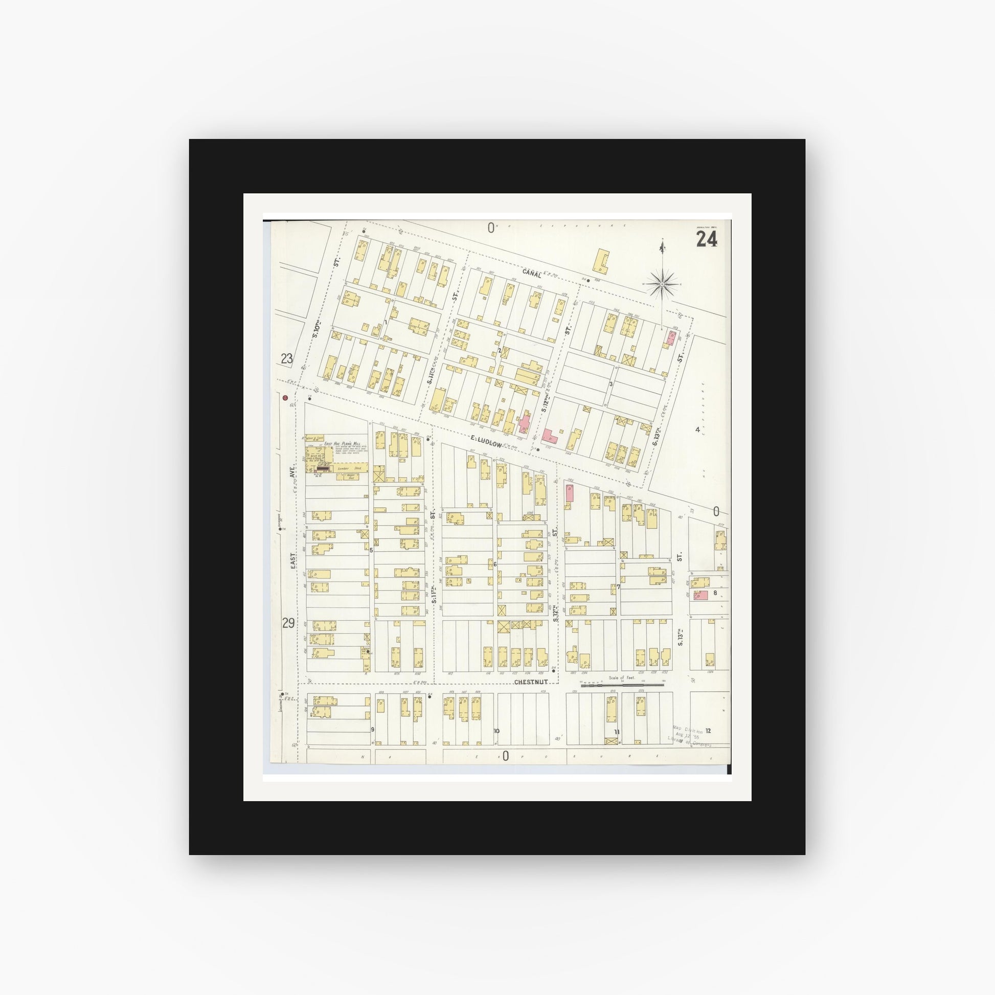 Old map wall art mockup — black gallery frame with white mat — Sanborn Fire Insurance Map from Hamilton, Butler County, Ohio (1899), Sheet #0024