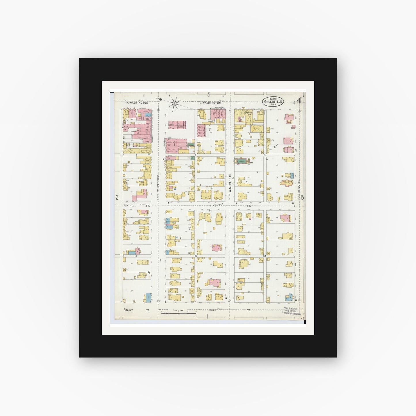 Old map wall art mockup — black gallery frame with white mat — Sanborn Fire Insurance Map from Greenfield, Highland County, Ohio (1899), Sheet #0004