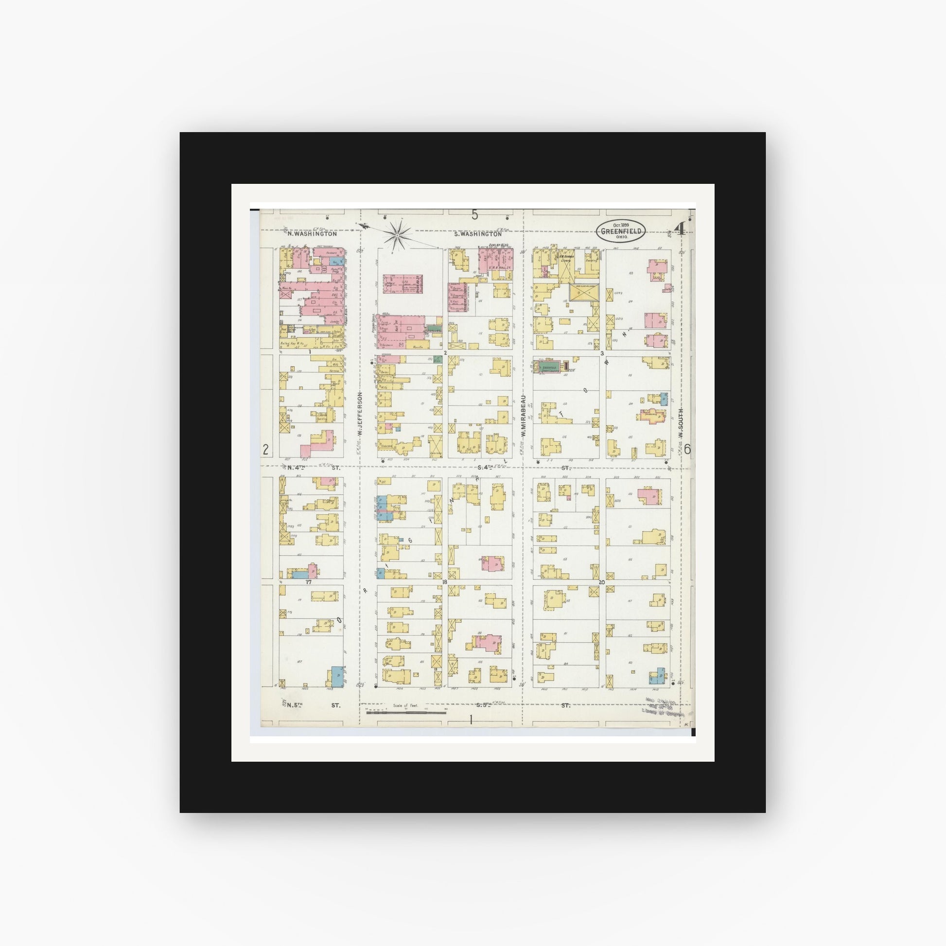 Old map wall art mockup — black gallery frame with white mat — Sanborn Fire Insurance Map from Greenfield, Highland County, Ohio (1899), Sheet #0004