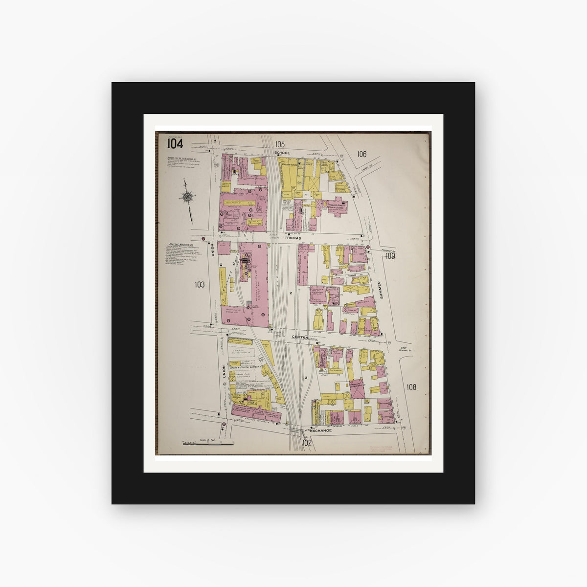 Old map wall art mockup — black gallery frame with white mat — Sanborn Fire Insurance Map from Worcester, Worcester County, Massachusetts (1910), Sheet #0104