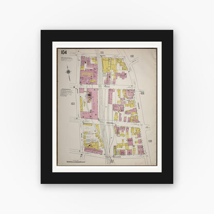 Old map wall art mockup — black gallery frame with white mat — Sanborn Fire Insurance Map from Worcester, Worcester County, Massachusetts (1910), Sheet #0104