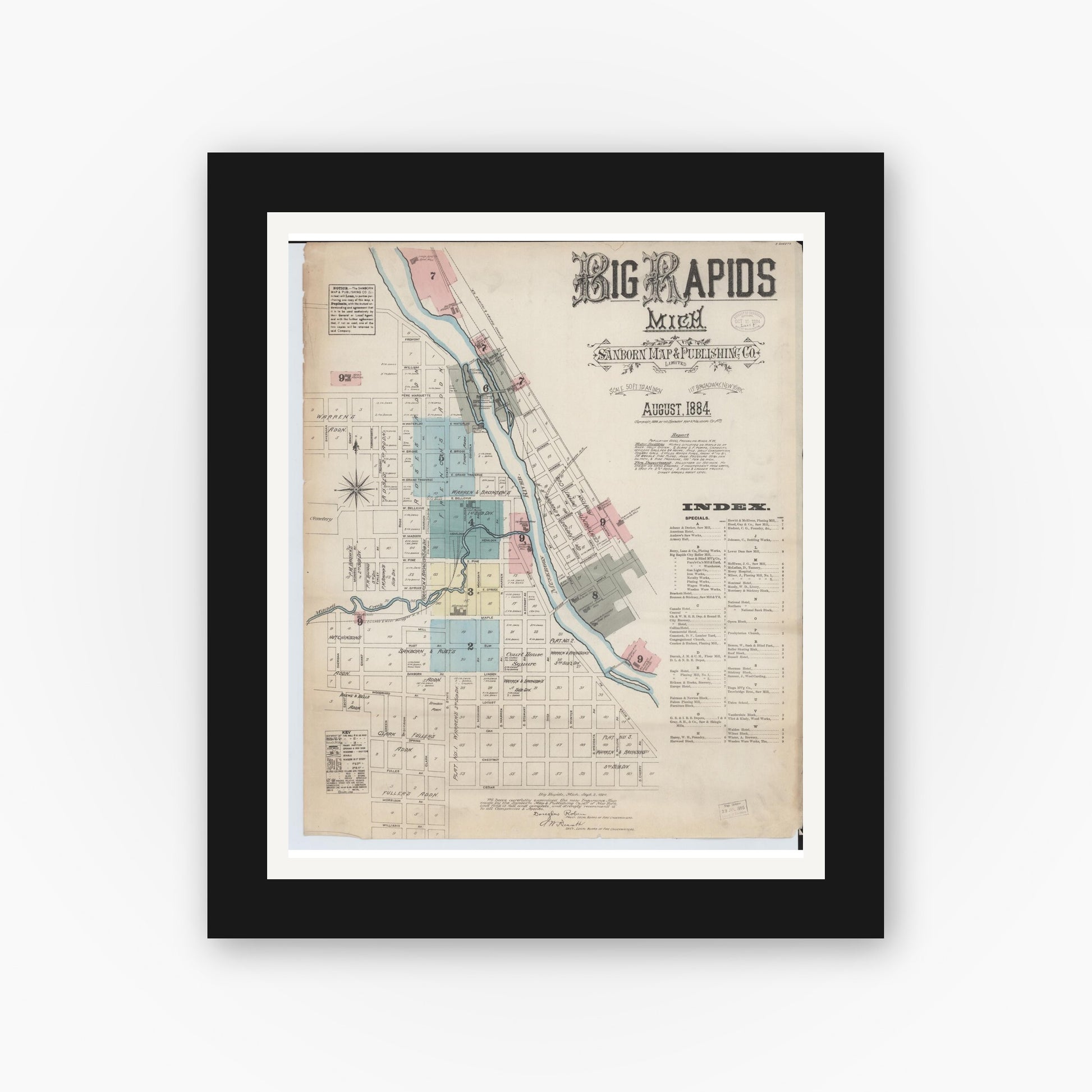 Old map wall art mockup — black gallery frame with white mat — Sanborn Fire Insurance Map from Big Rapids, Mecosta County, Michigan (1884), Sheet #0001