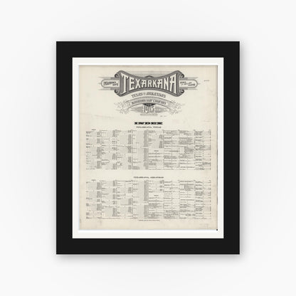 Old map wall art mockup — black gallery frame with white mat — Sanborn Fire Insurance Map from Texarkana, Bowie County, Texas (1915), Sheet #0001