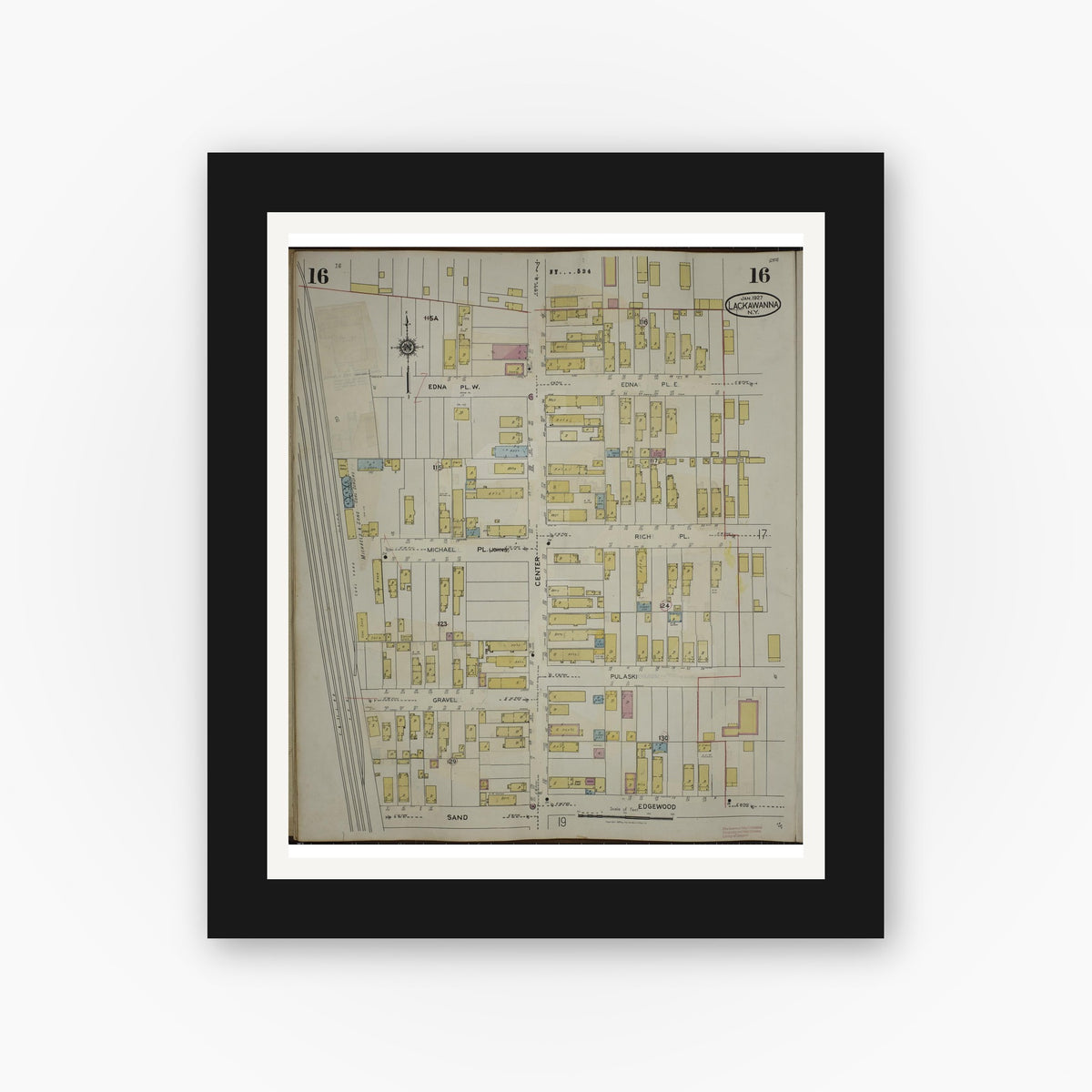 Old map wall art mockup — black gallery frame with white mat — Sanborn Fire Insurance Map from Lackawanna, Erie County, New York (1950), Sheet #0016