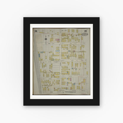 Old map wall art mockup — black gallery frame with white mat — Sanborn Fire Insurance Map from Lackawanna, Erie County, New York (1950), Sheet #0016
