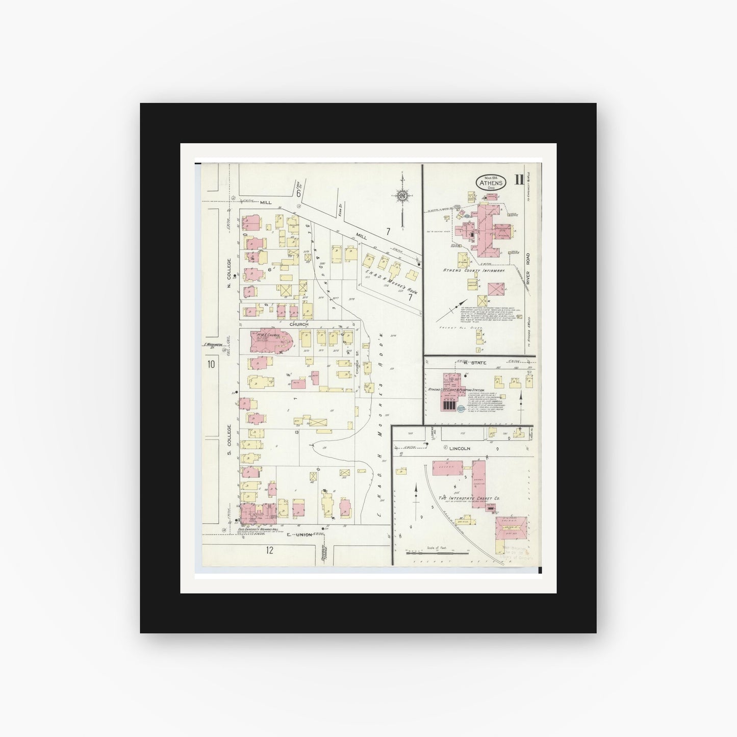 Old map wall art mockup — black gallery frame with white mat — Sanborn Fire Insurance Map from Athens, Athens County, Ohio (1914), Sheet #0011