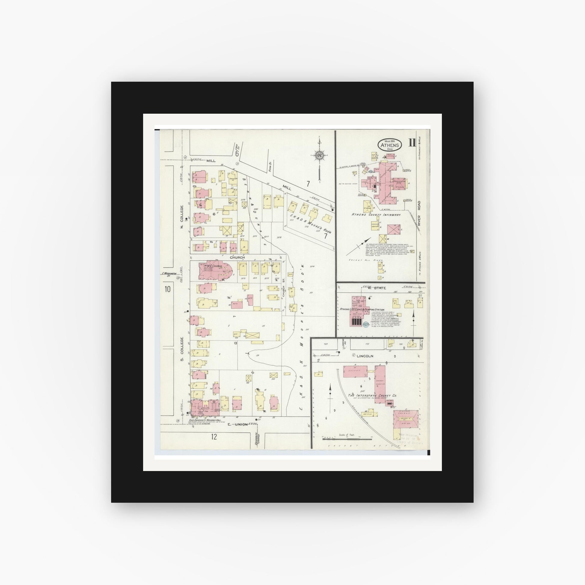 Old map wall art mockup — black gallery frame with white mat — Sanborn Fire Insurance Map from Athens, Athens County, Ohio (1914), Sheet #0011