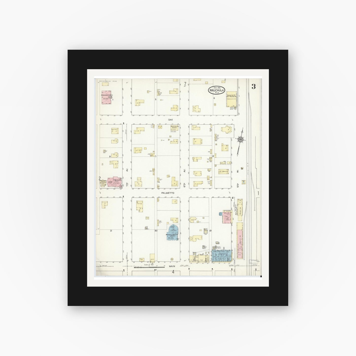 Old map wall art mockup — black gallery frame with white mat — Sanborn Fire Insurance Map from Wauchula, Hardee County, Florida (1914), Sheet #0003