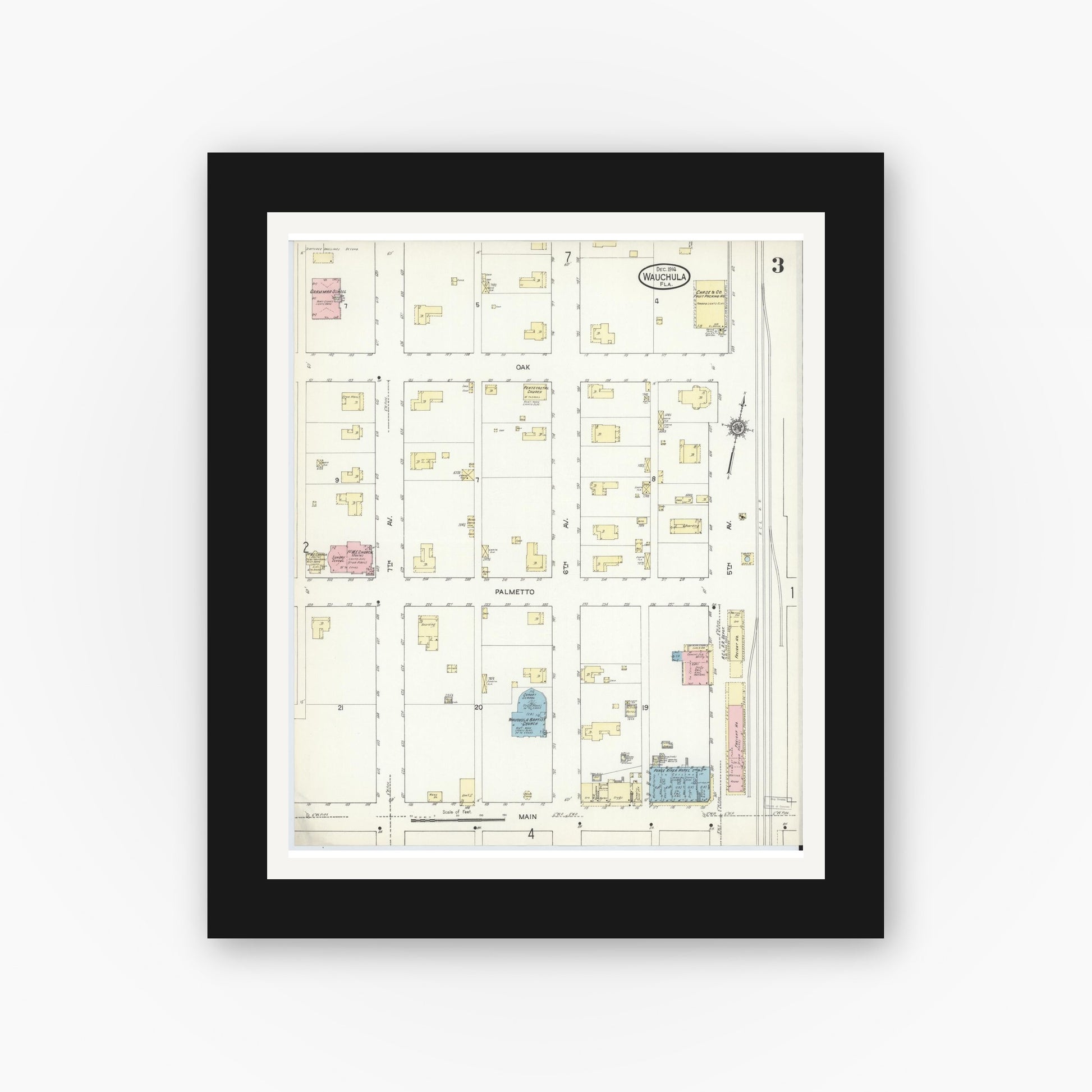 Old map wall art mockup — black gallery frame with white mat — Sanborn Fire Insurance Map from Wauchula, Hardee County, Florida (1914), Sheet #0003