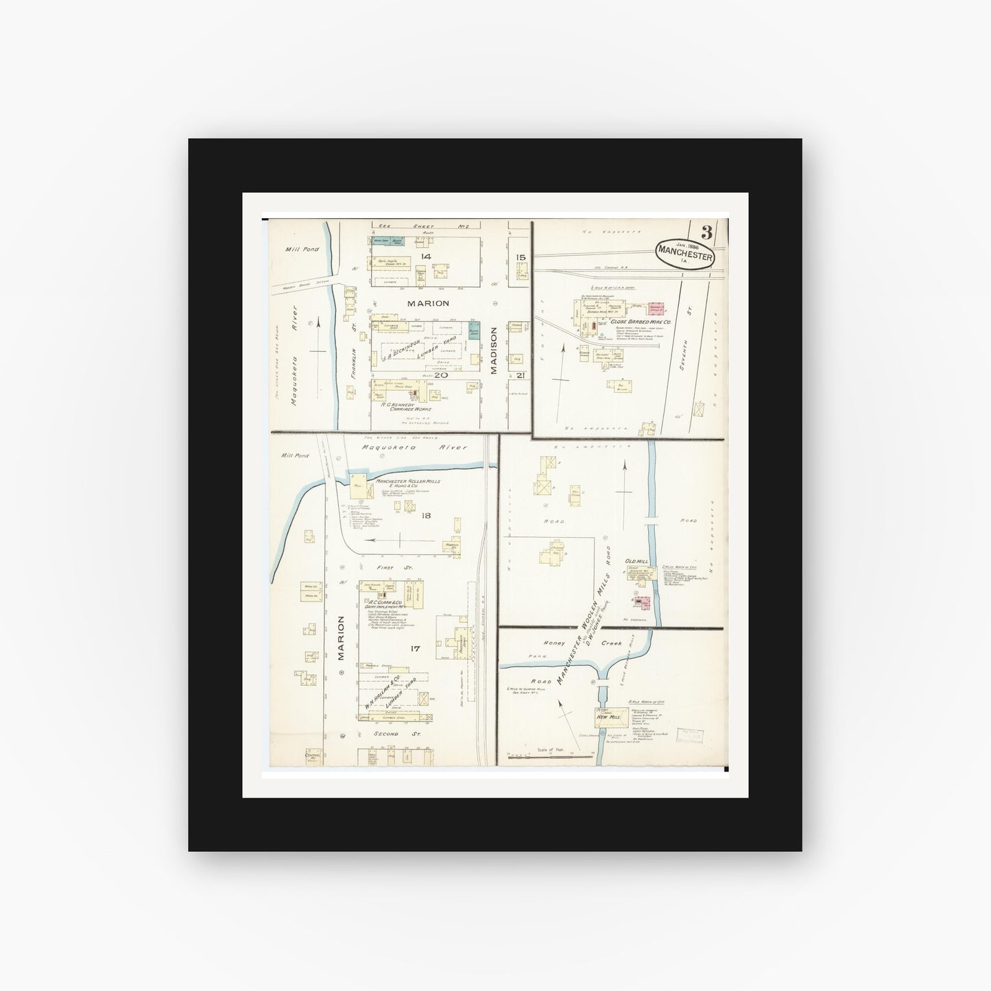 Old map wall art mockup — black gallery frame with white mat — Sanborn Fire Insurance Map from Manchester, Delaware County, Iowa (1886), Sheet #0003
