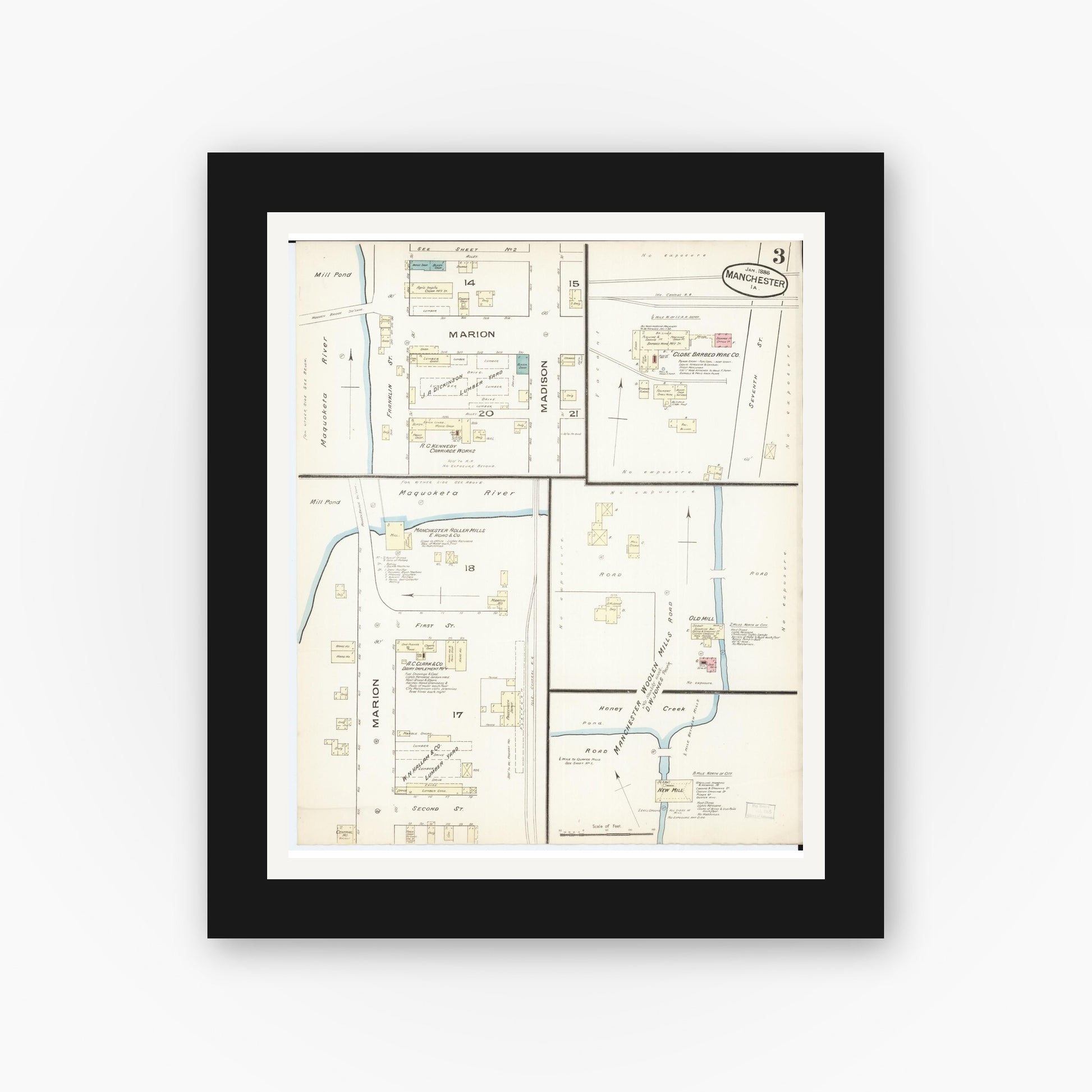 Old map wall art mockup — black gallery frame with white mat — Sanborn Fire Insurance Map from Manchester, Delaware County, Iowa (1886), Sheet #0003