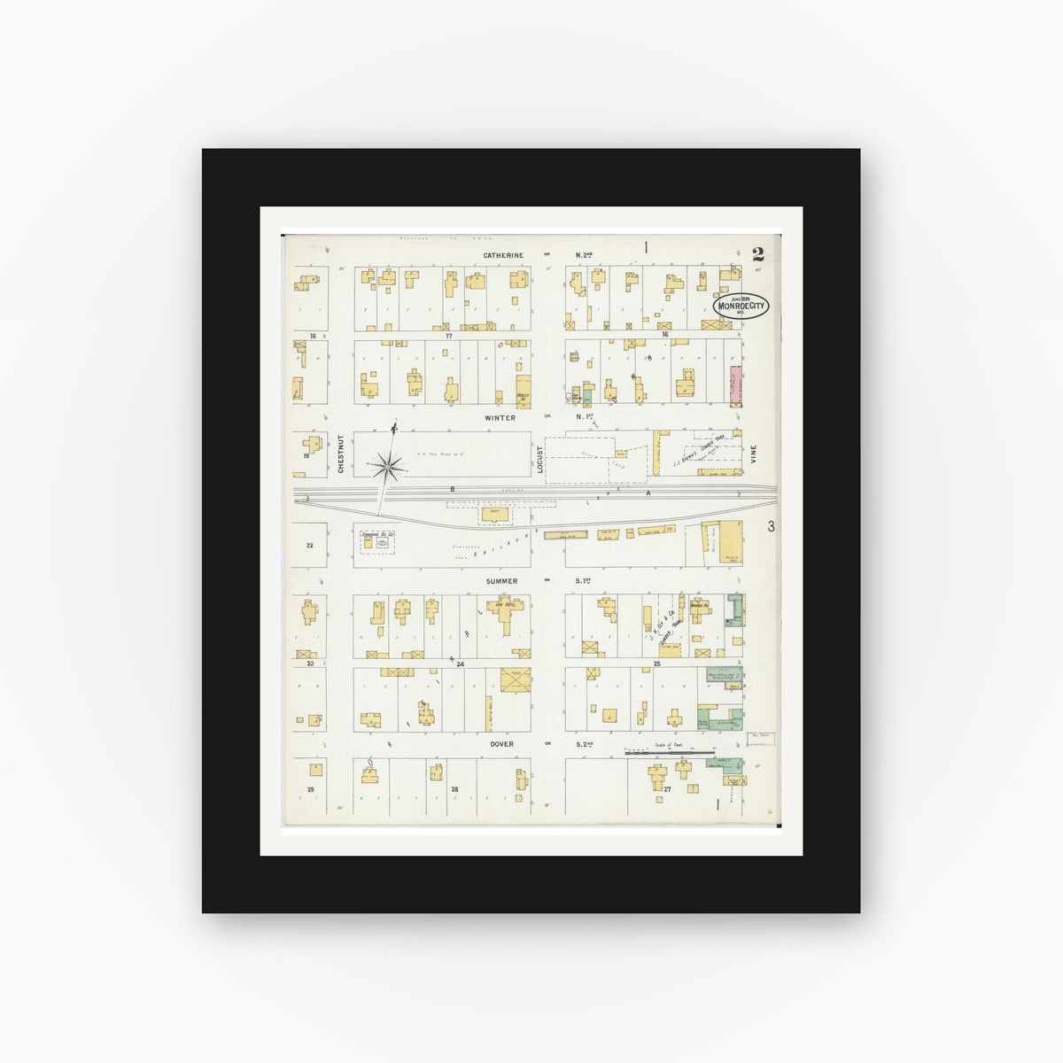 Old map wall art mockup — black gallery frame with white mat — Sanborn Fire Insurance Map from Monroe City, Monroe County, Missouri (1899), Sheet #0002