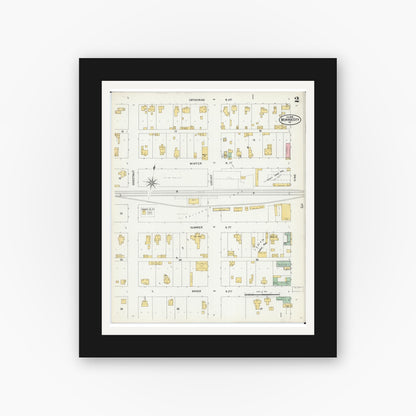 Old map wall art mockup — black gallery frame with white mat — Sanborn Fire Insurance Map from Monroe City, Monroe County, Missouri (1899), Sheet #0002