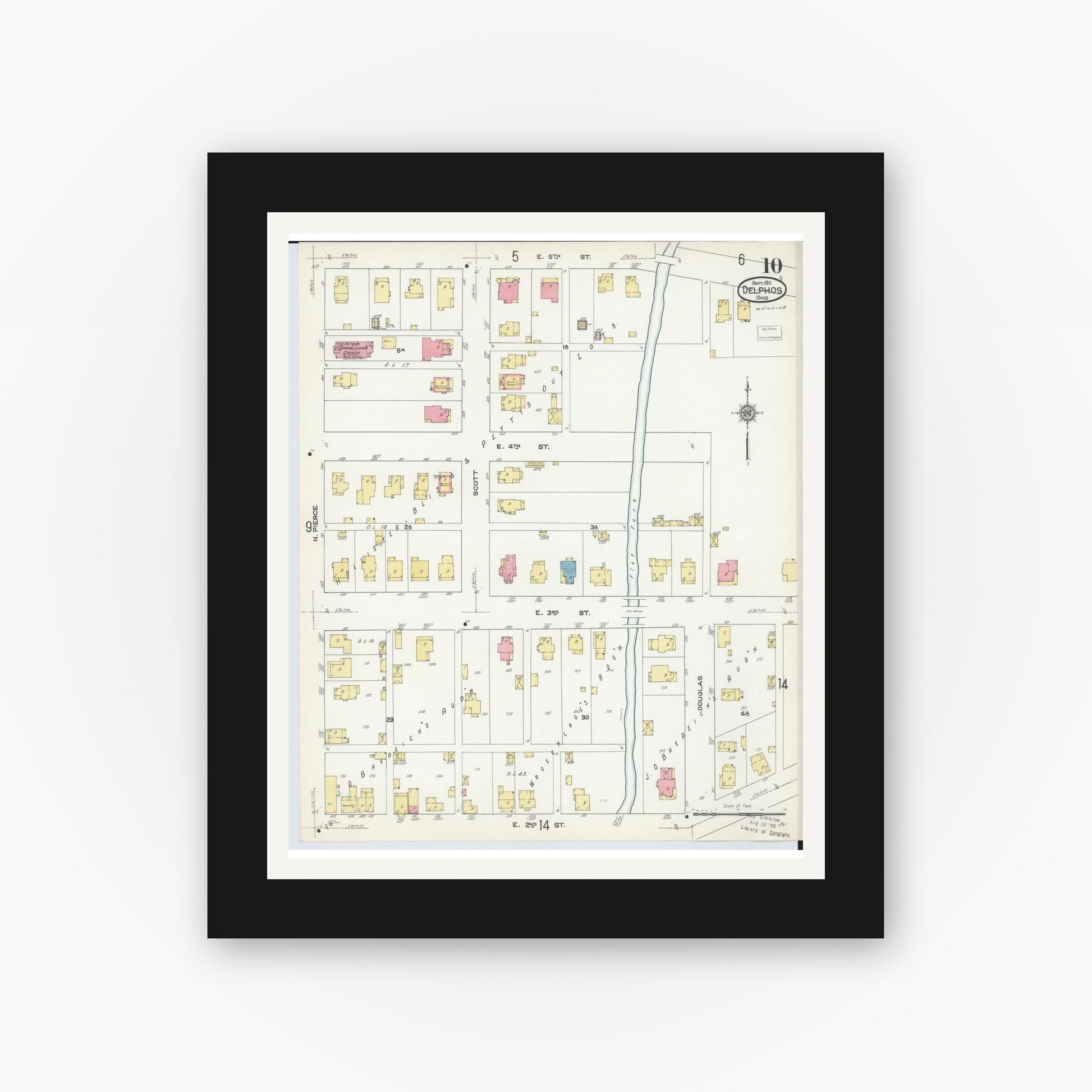 Old map wall art mockup — black gallery frame with white mat — Sanborn Fire Insurance Map from Delphos, Van Wert And Allen Counties, Ohio (1911), Sheet #0010