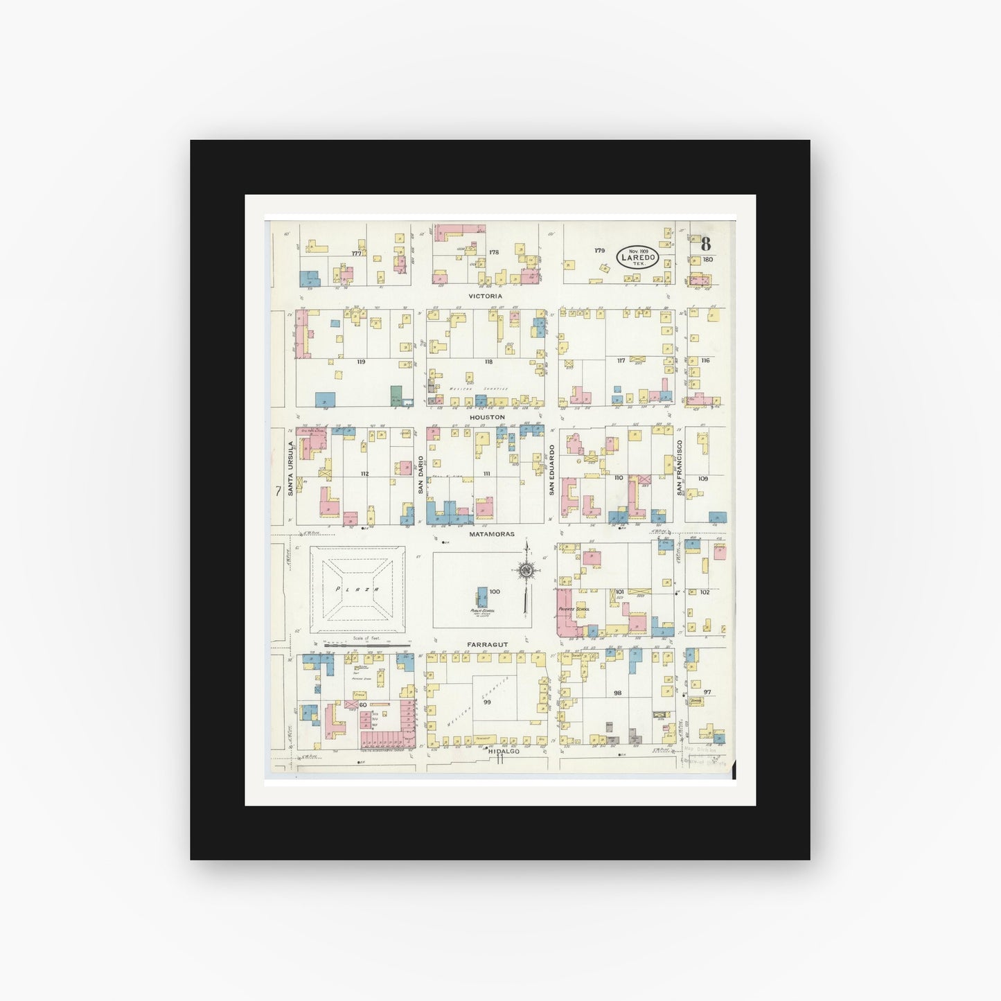 Old map wall art mockup — black gallery frame with white mat — Sanborn Fire Insurance Map from Laredo, Webb County, Texas (1909), Sheet #0008