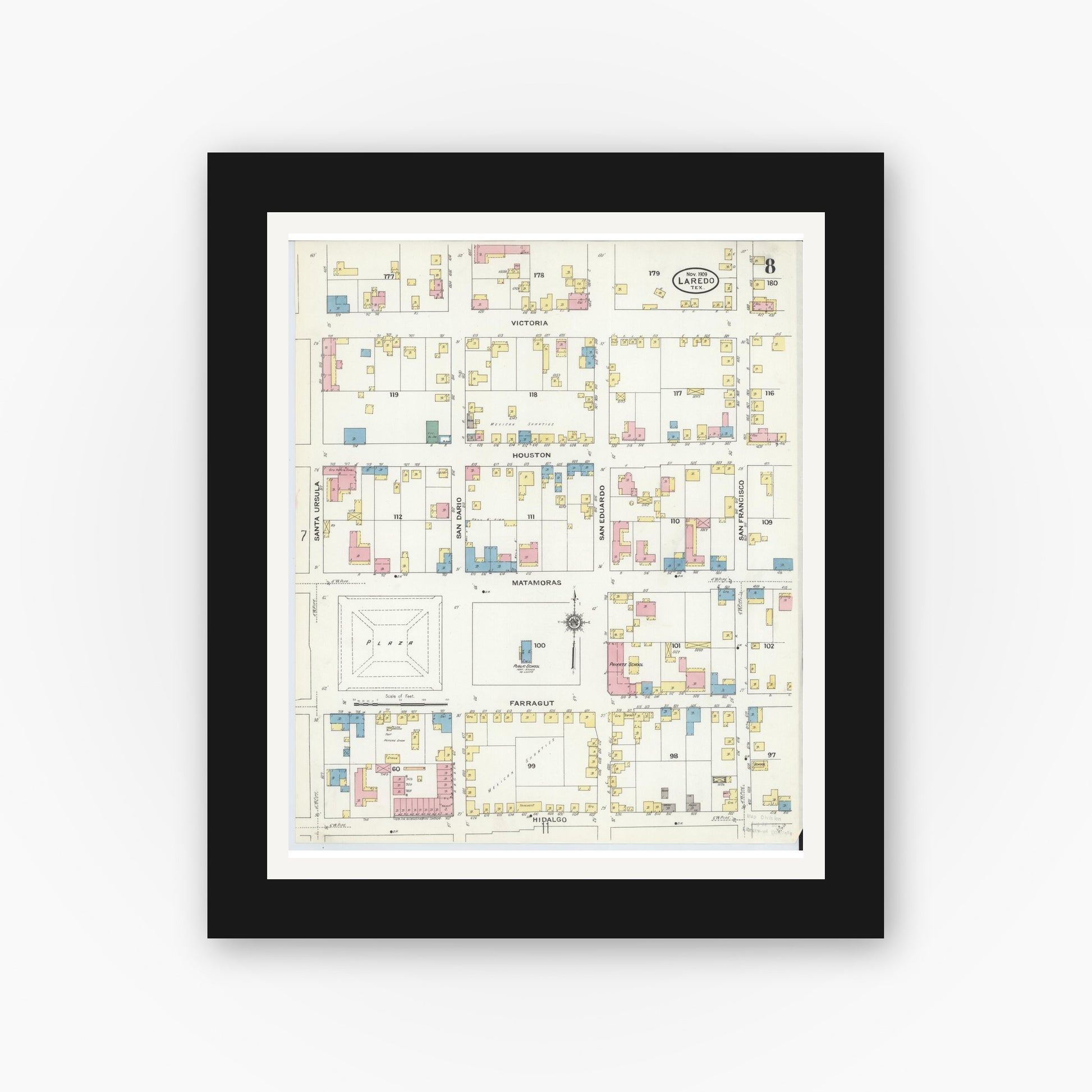 Old map wall art mockup — black gallery frame with white mat — Sanborn Fire Insurance Map from Laredo, Webb County, Texas (1909), Sheet #0008