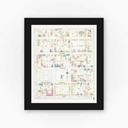 Old map wall art mockup — black gallery frame with white mat — Sanborn Fire Insurance Map from Laredo, Webb County, Texas (1909), Sheet #0008