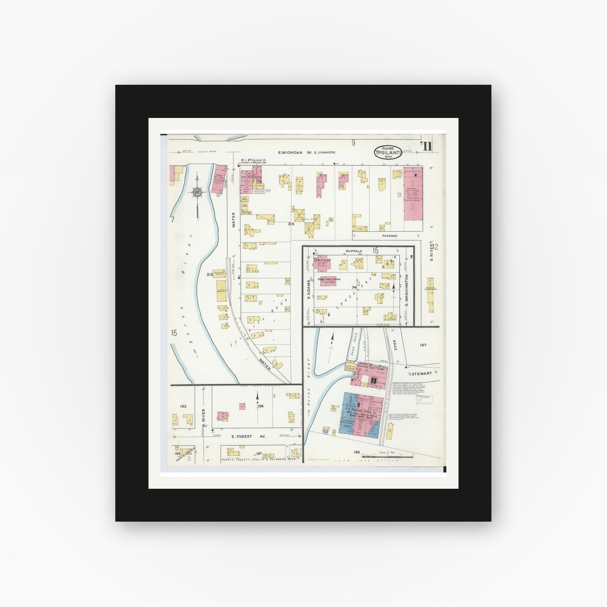 Old map wall art mockup — black gallery frame with white mat — Sanborn Fire Insurance Map from Ypsilanti, Washtenaw County, Michigan (1916), Sheet #0011