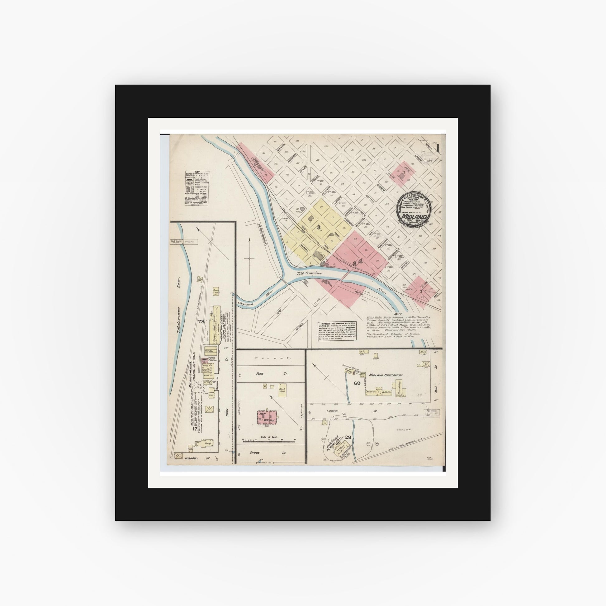 Old map wall art mockup — black gallery frame with white mat — Sanborn Fire Insurance Map from Midland, Midland County, Michigan (1884), Sheet #0001