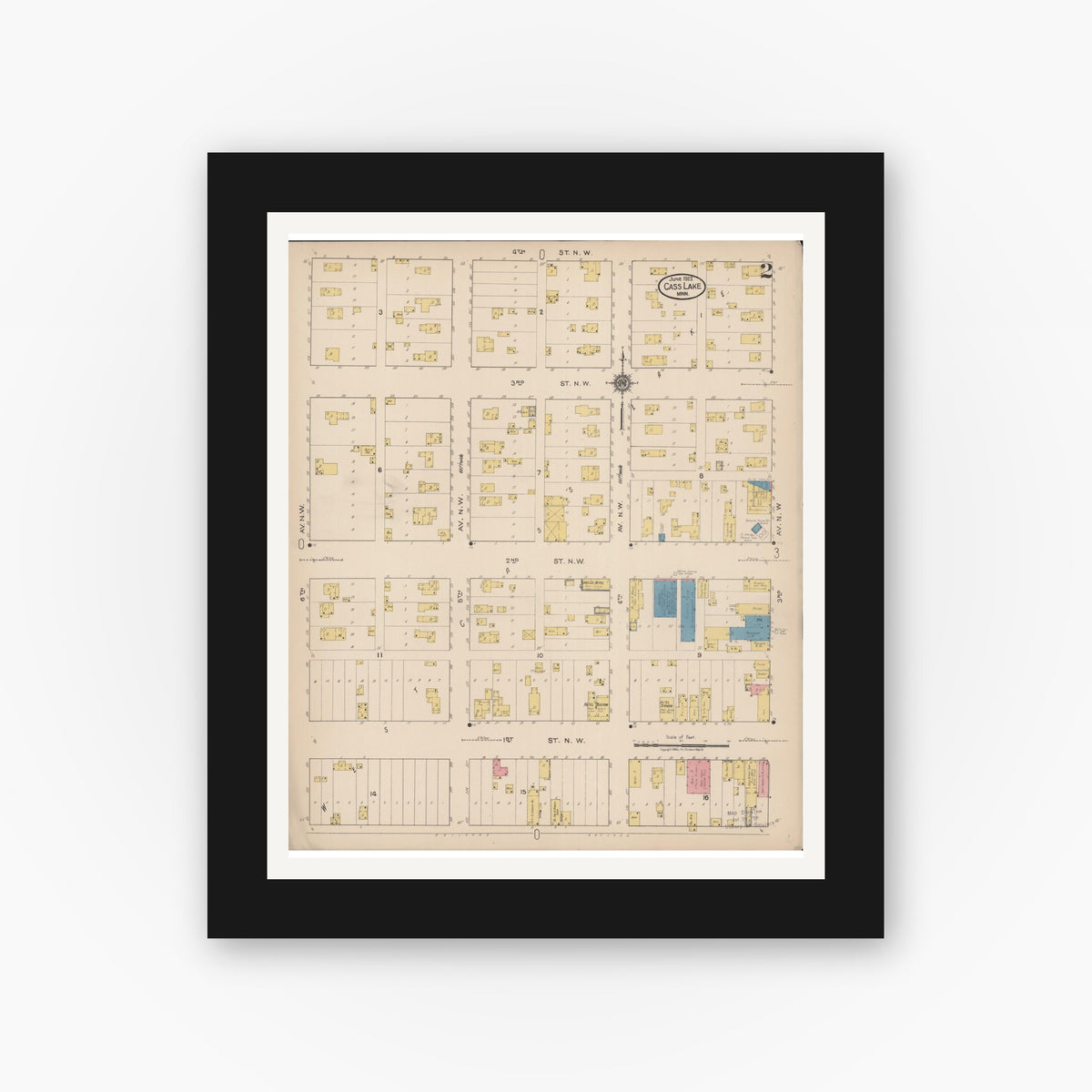 Old map wall art mockup — black gallery frame with white mat — Sanborn Fire Insurance Map from Cass Lake, Cass County, Minnesota (1922), Sheet #0002